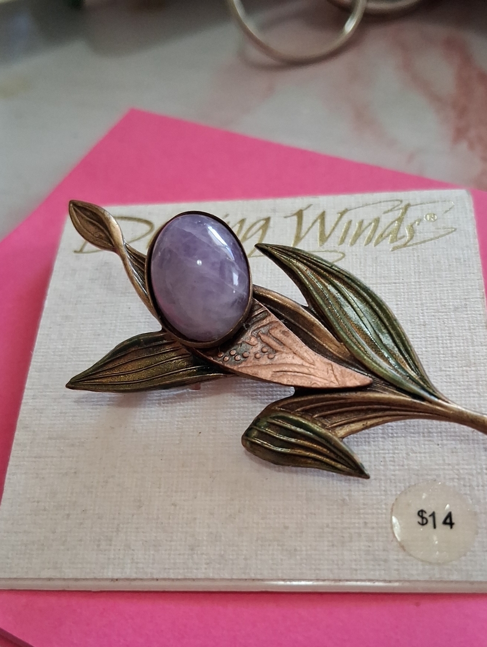 Source Unknown Gold-Toned Leaf Brooch with Lavender Cabochon
